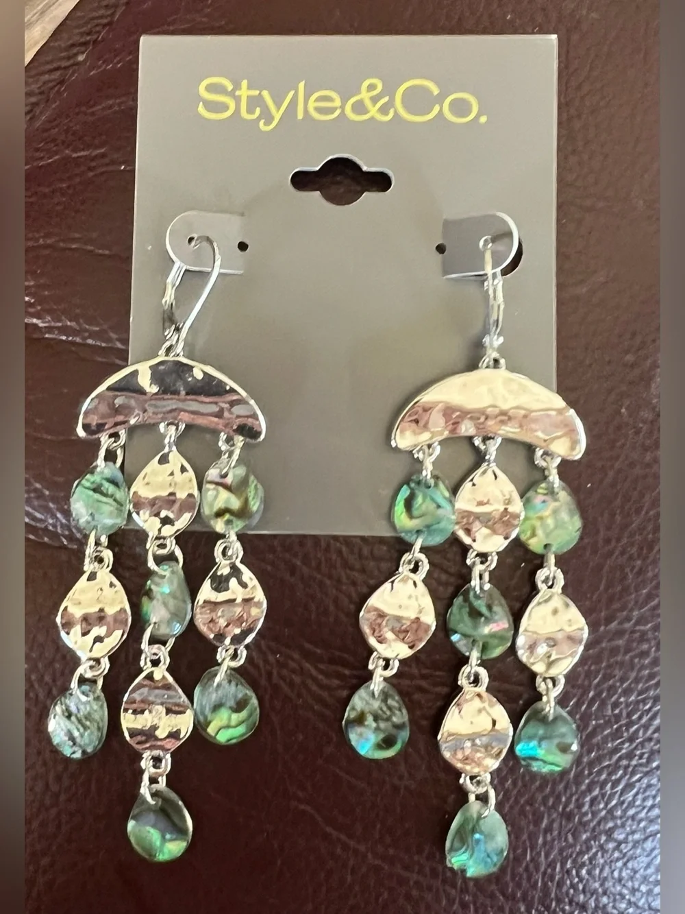 Hammered Silver and Abalone Chandelier Earrings Leverback NEW 3